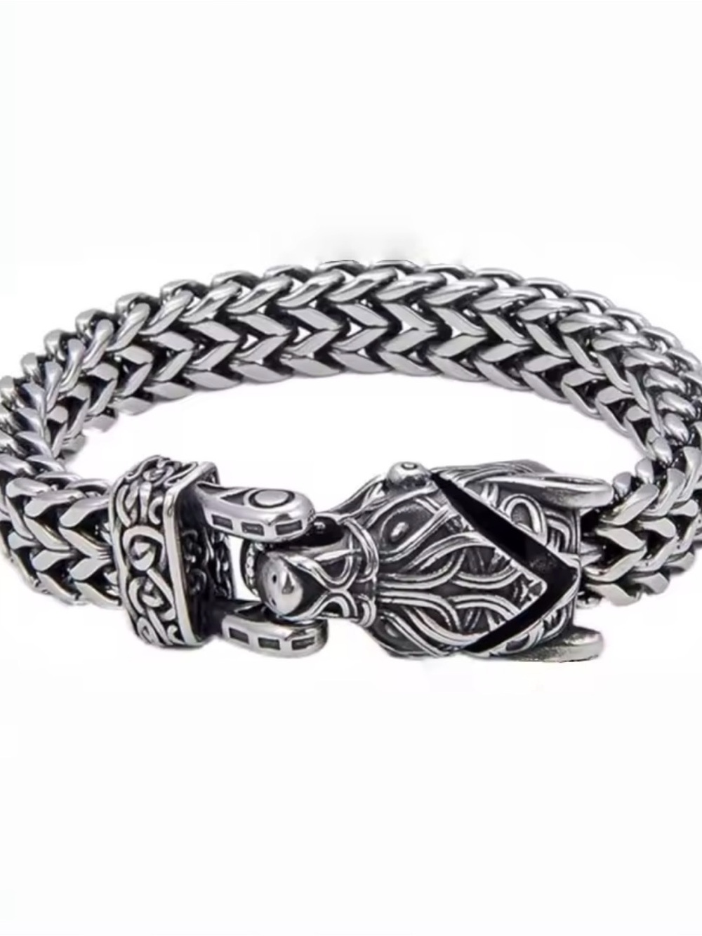 Sterling Silver Viking Wolf Bracelet - Braided Chain - Picture 6 of 11